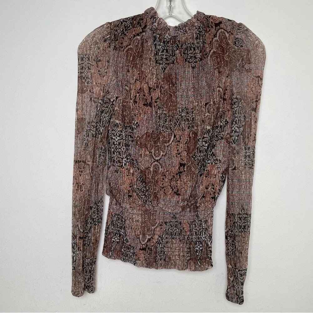 JOIE Semi Sheer Sheer Metallic Long-Sleeve Blouse Smocked Waist Ruffle Neck S - Picture 4 of 15